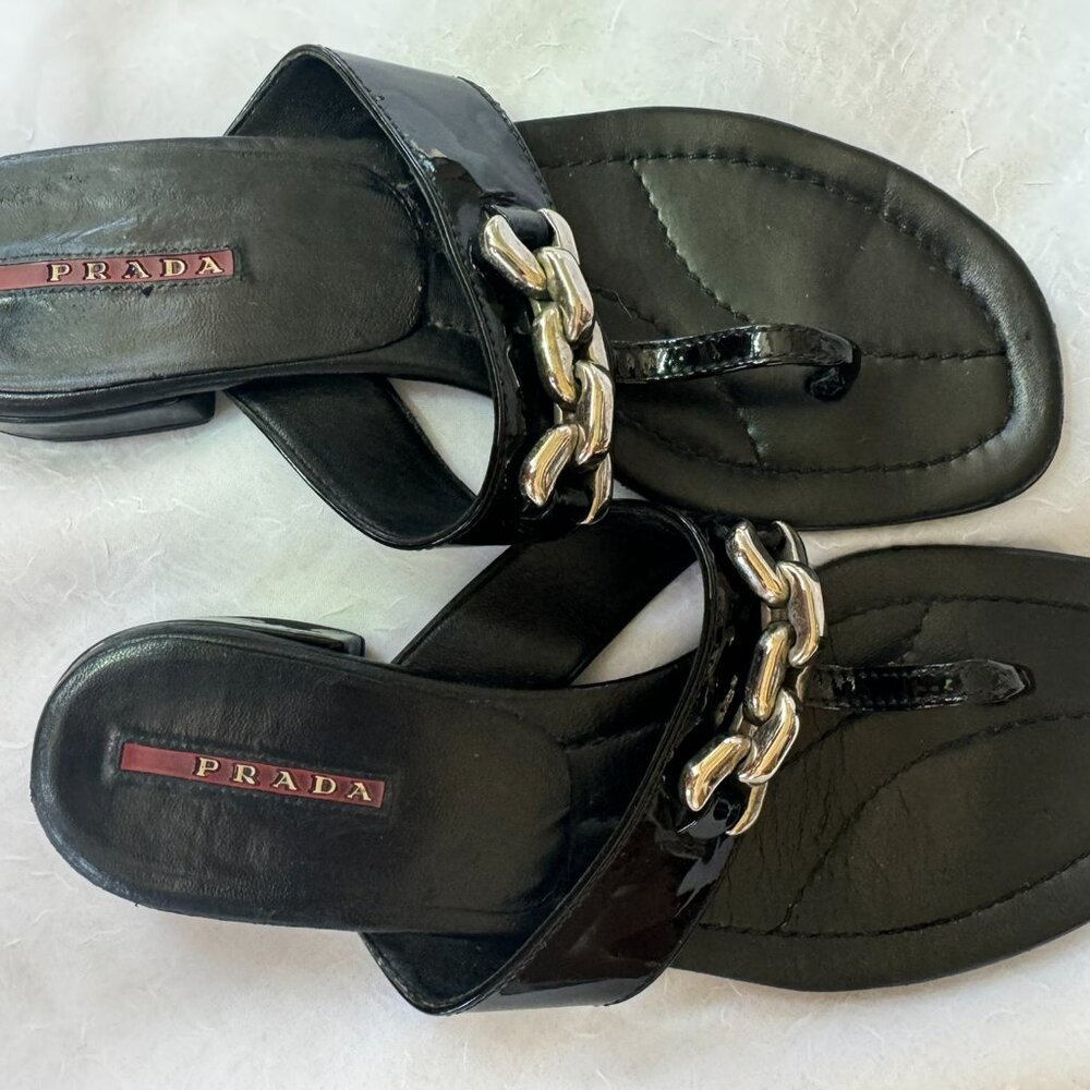 Prada black leather sandals with Silver tone chain embelleshment  Size 36 1/2